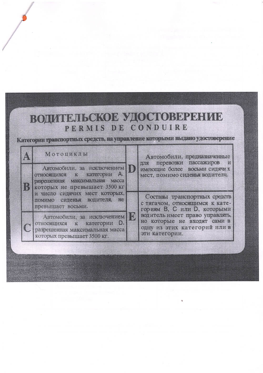Оборотная сторона исходного водительского удостоверения