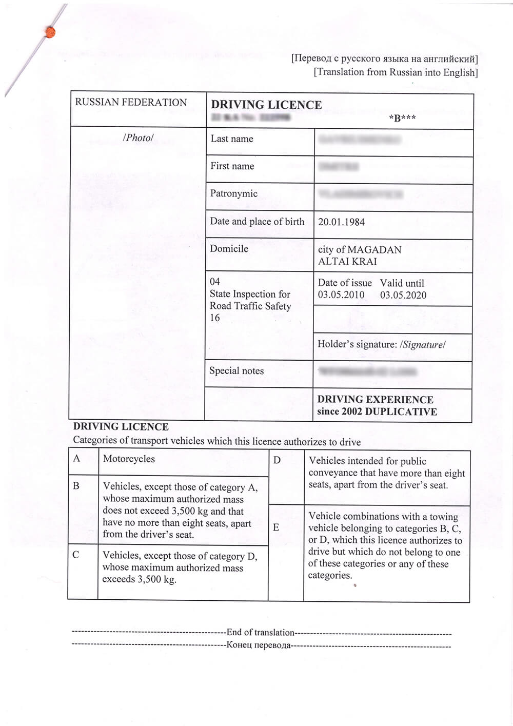 Перевод водительского удостоверения