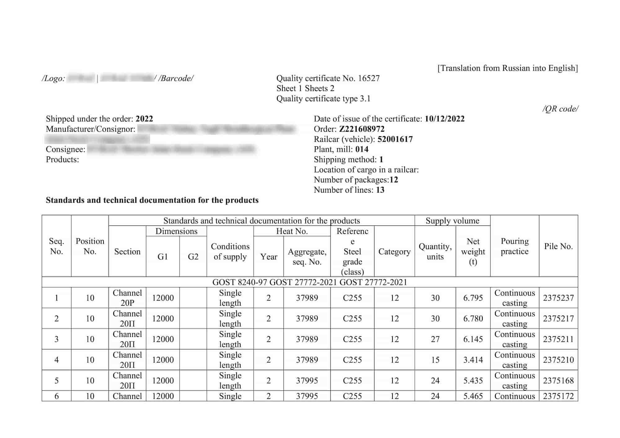 Сертификат качества перевод на английский