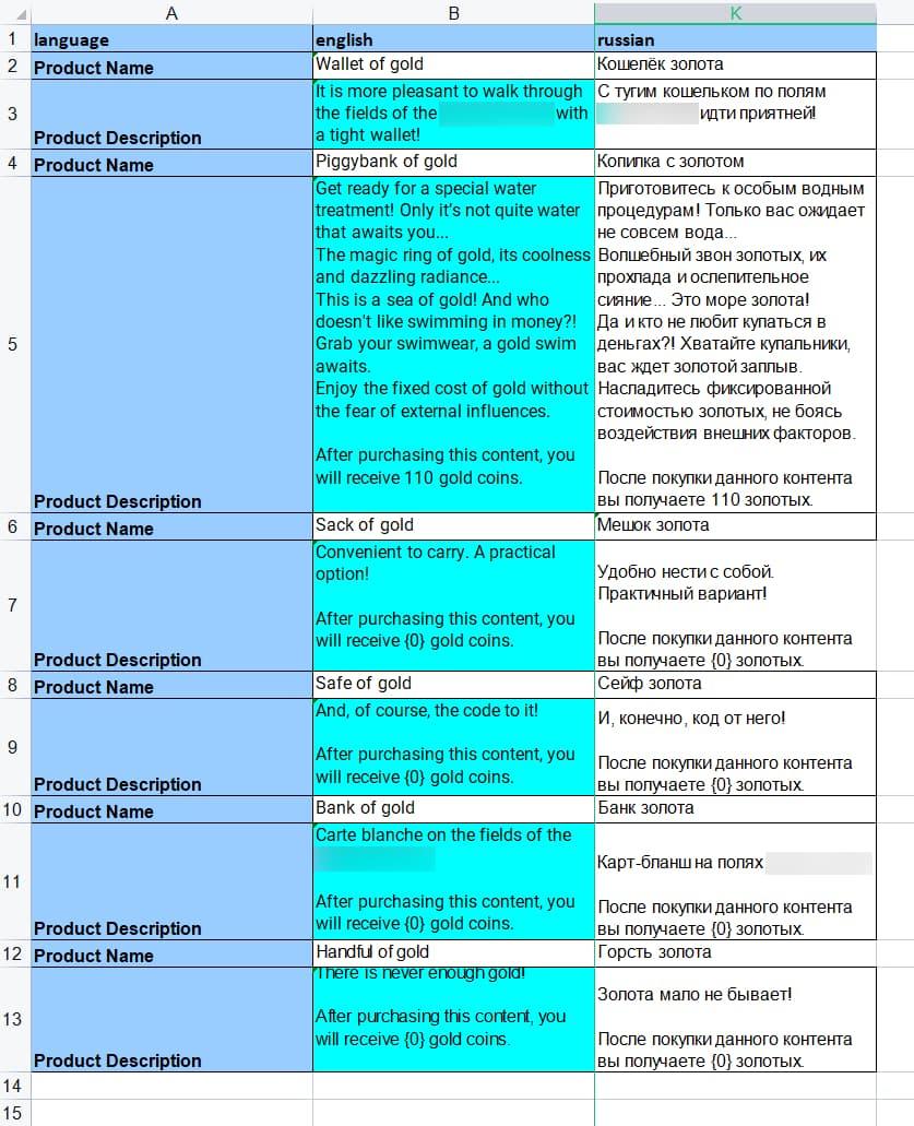 Пример оформления перевода игры в Excel