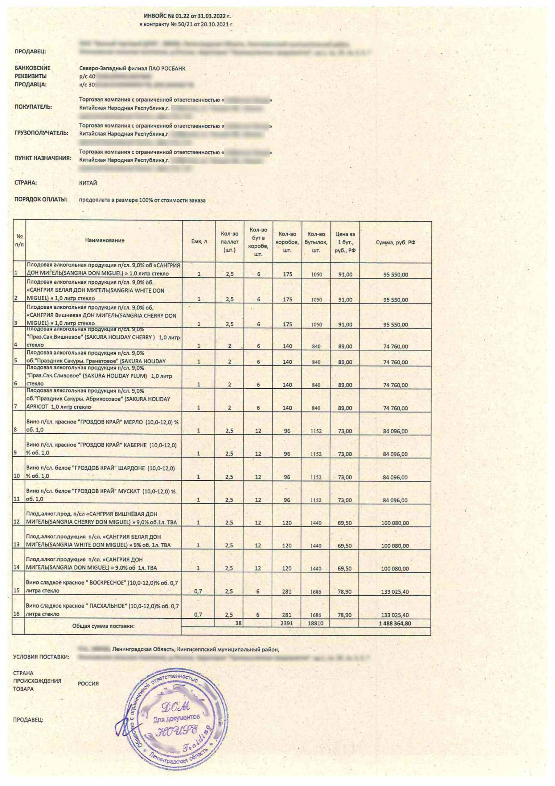 Инвойс исходник на русском