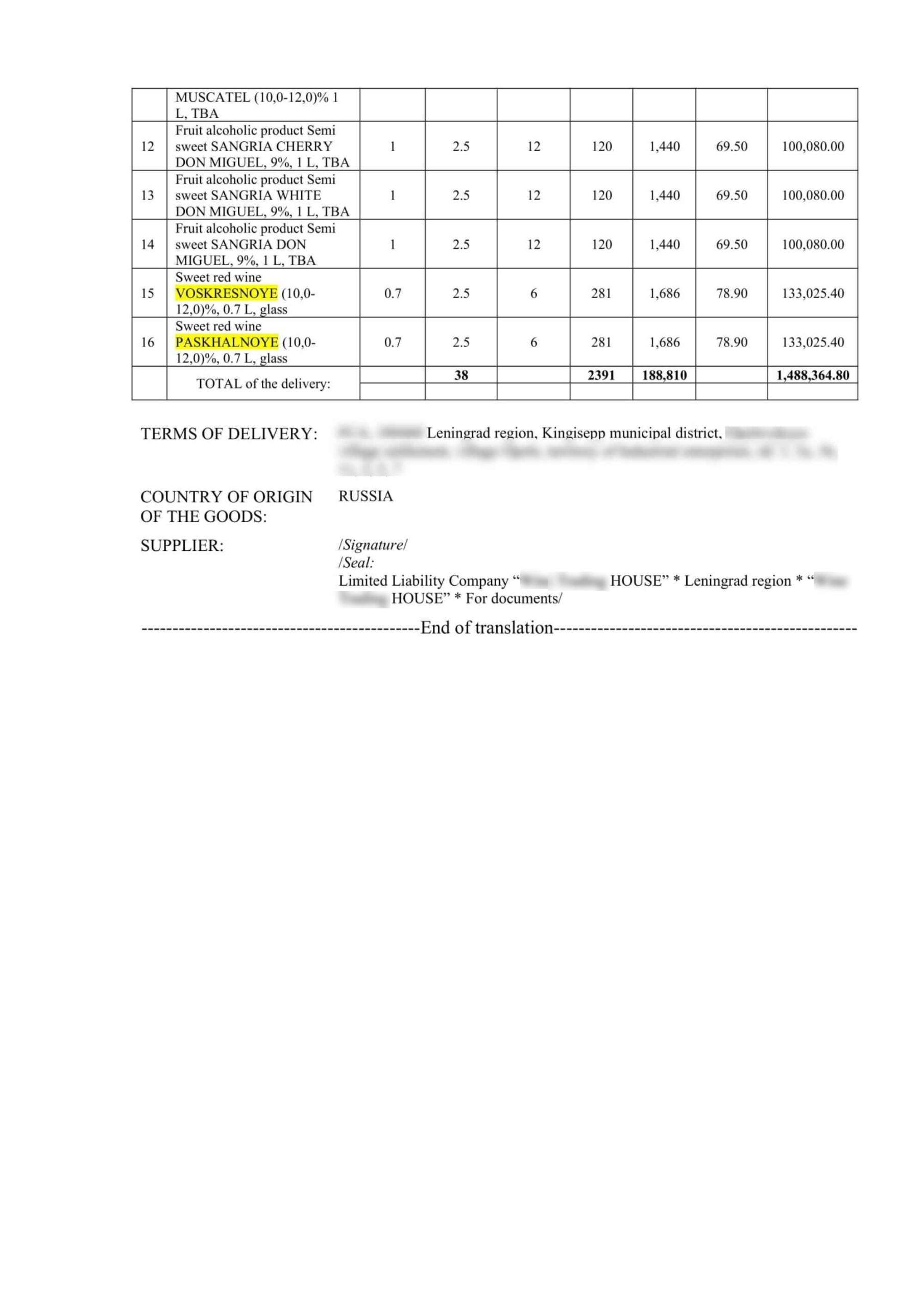 Инвойс перевод на англйиский вторая страница