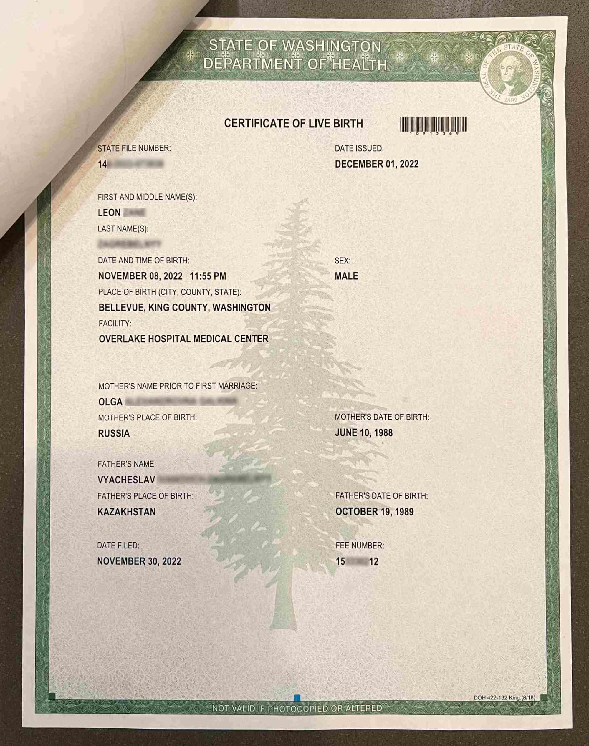 Оригинал свидетельства о рождении на английском