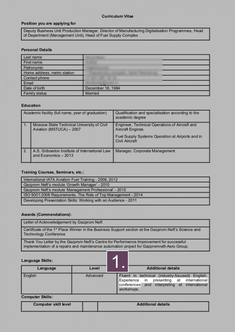 Пример перевода резюме русскоязычным переводчиком