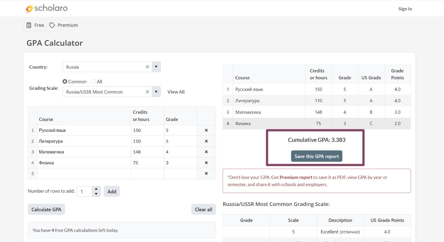 Пример расчета GPA с помощью онлайн-калькулятора Scholaro
