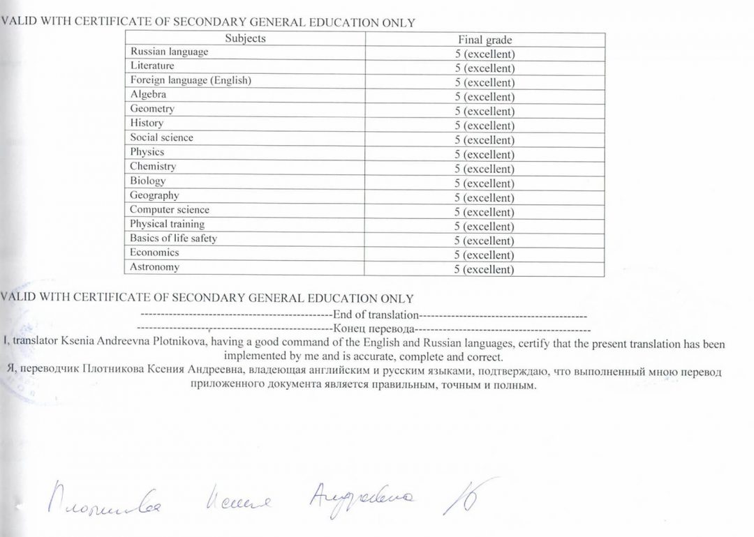Аттестат о среднем общем образовании перевод на английский образец