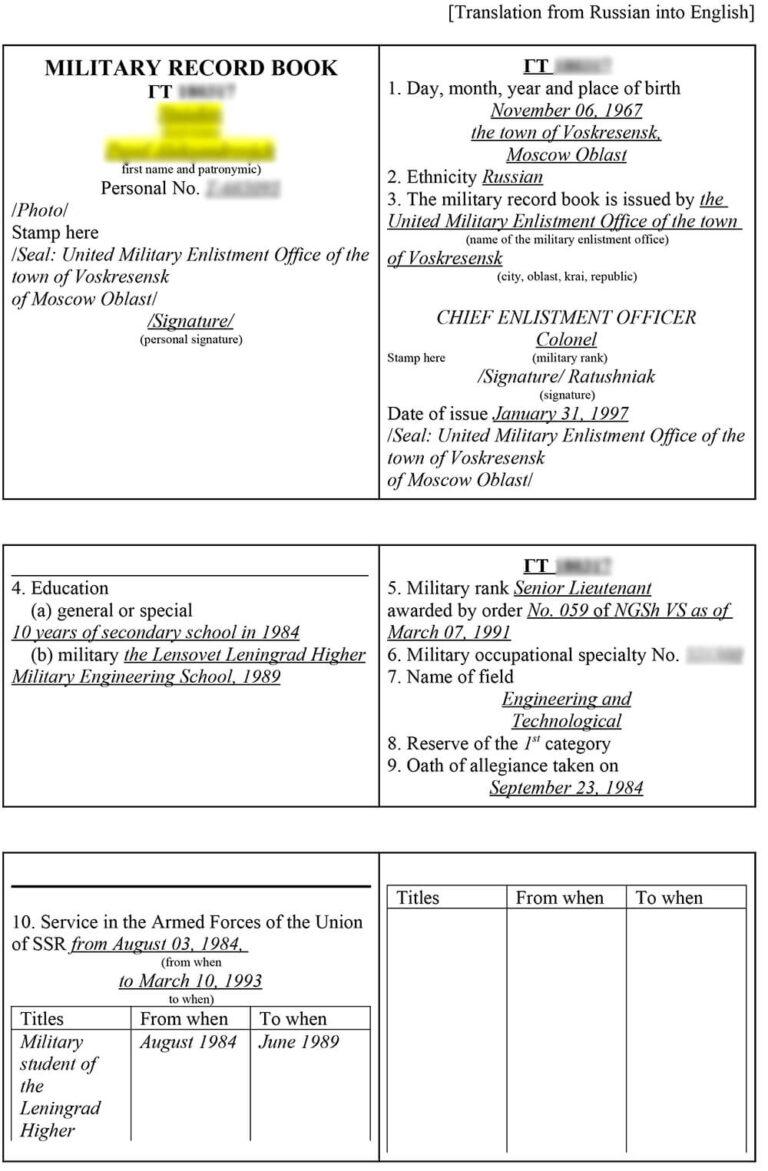 Перевод военного билета на английский образец