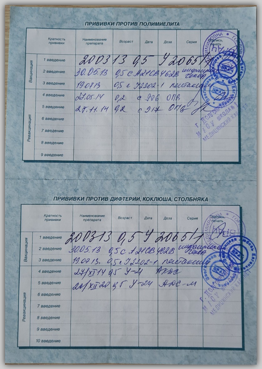 Пример сертификата о прививках на русском